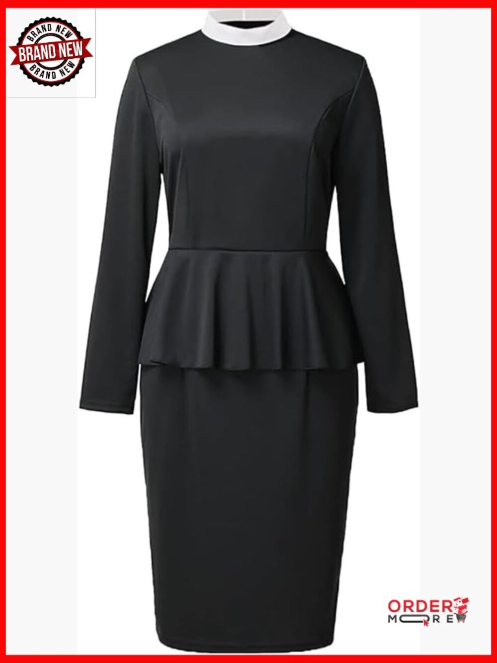 Long Sleeve Ruffle Slim Pencil Dress with Banded Full Collar